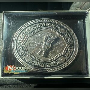 Nocona Silver Oval Belt Buckle With Bullrider